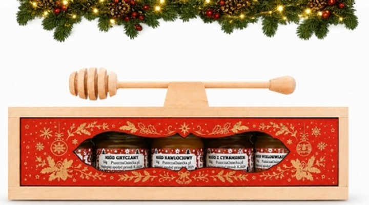 Zestaw miodów 5x50 g – elegancki prezent w drewnianej skrzynce